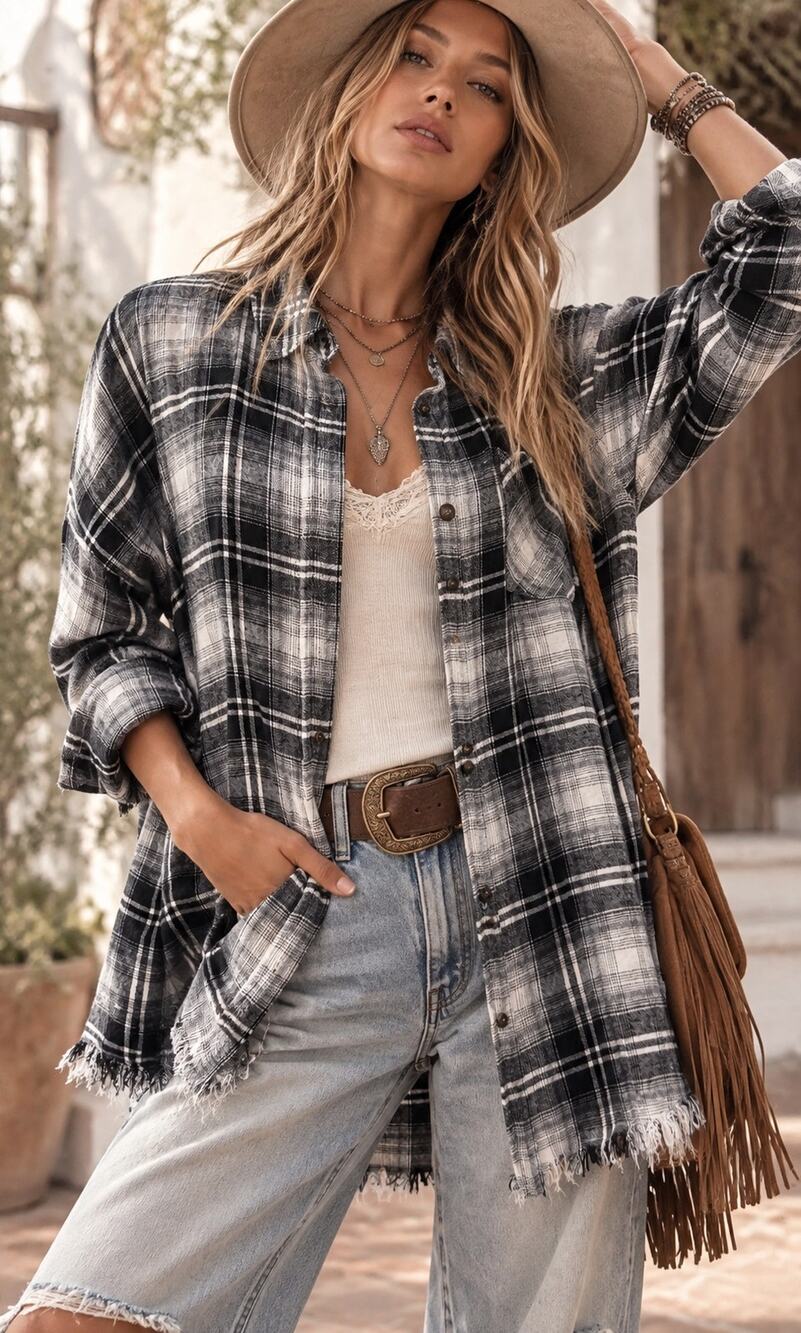 Hem & Thread Black White Plaid Raw Hem Shacket Shirt Jacket Large NWOT